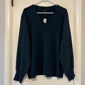 Talbots Women's Plus L/S Poet Sleeve V-Neck Pullover Sweater Top 2X Teal NWT
